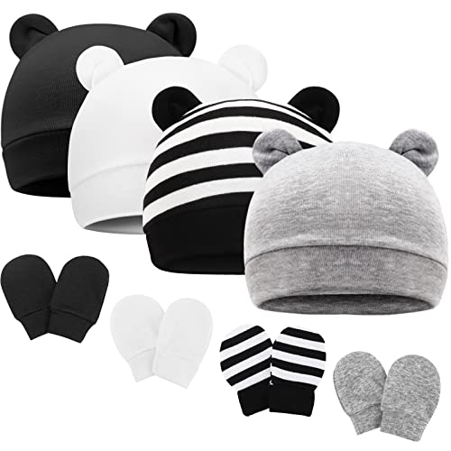 Image of Newborn Baby Hat and Mittens Set Bear Ears Toddler Infant Beanie Caps Newborn Hospital Hat for Baby Boy Girl 0-3 Months