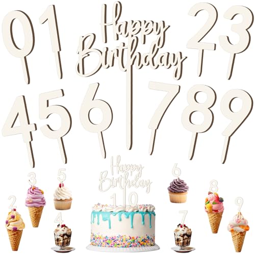 Happy Birthday Tortendeko mit Cake Topper Zahlen 0-9, Holz Kuchendekor Cupcake Topper Kuchen Deko für Mädchen Junge Frauen Mann Geburtstagsfeiern Hochzeit