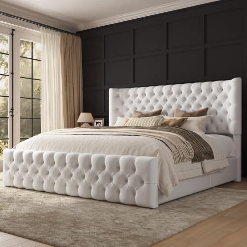 Image of AMERLIFE King Upholstered Bed with Headboard, Wingback, White Linen