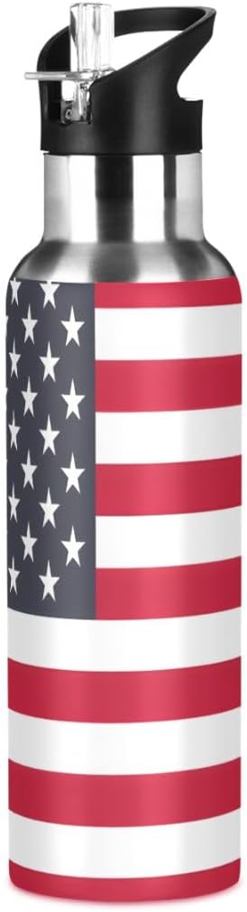 American Flag Water Bottle with Straw Lid, Stainless Steel Water Cup for 20 Oz Hot Cold Drinks