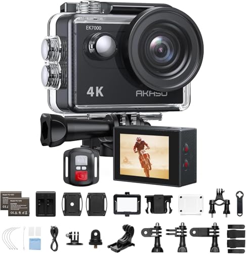 AKASO EK7000 Action Cam 4K, Fotocamera Subacquea WiFi 20MP, Impermeabile 30M, Microfono Esterno Compatibile, Telecomando, 2 Batterie 1050 mAh, Accesorios Multiples per Bicicletta Casco Sci Surf