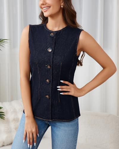Women's Button Down Denim Vest Crewneck Slim Fit Waistcoat Casual Jean Tank Top3