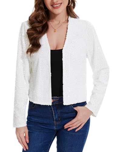 LADI TREND Vollständig gefütterter Bolero mit Pailletten, Glitzer-Cardigan, Jacken, langärmelig, Cropped-Top, offene Vorderseite, Jacke, Hochzeit, Cocktail, Club, Partys und Ausgehen, S