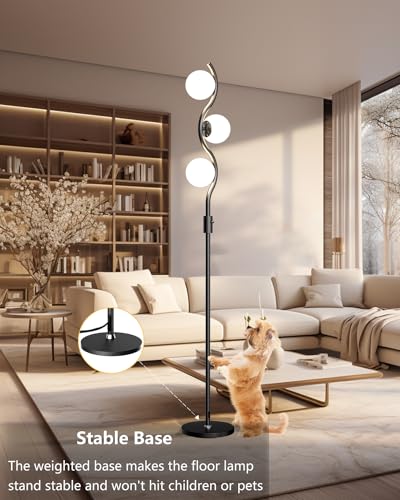 Image of Lightdot 60IN Dimmable Black Floor Lamp Mid Century Standing Lamps with 3Pcs Warm White Bulbs Included Brightness Adjustable Modern Tall Lamp with 5Lbs Heavy Base for Bedroom /Sofa Beside /Corner Decor