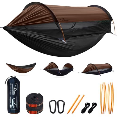 Travel Bird Camping Hammock Tent with Mosquito Net and Sunshade, Extra Large for 2 Person, Lightweight Hanging Hammocks Tree Straps, Bivvy Ground Tent for Outside, Hiking, and Travel