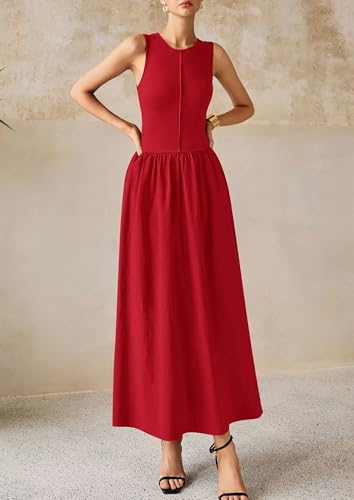Image of PRETTYGARDEN Maxi Dresses for Women 2026 Summer Casual Sleeveless Patchwork Flowy Vacation Sundress Knit Long Work Tank Dress