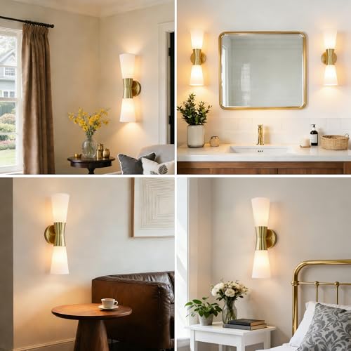 Image of Bathroom Wall Sconce, Modern Indoor Vanity Light Fixtures 17 inch, Up Down Lighting, Wall Mount Lamp for Living Room Bedroom Hallway Stairway Fireplace Mirror E26 Base 1PC White&Gold