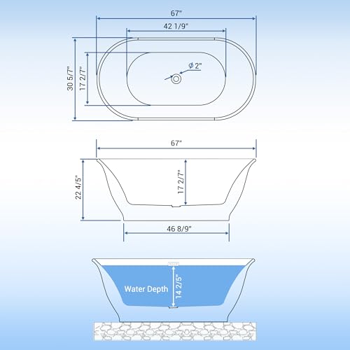 Image of Freestanding Bath Tub 67 Inch Acrylic Oval Soaking Tub - Extra Large Freestanding Bathtub with Chrome Drain & Overflow, Stand Alone Tub for Home Spa, Deep Free Standing Soaking Tub for Relaxation