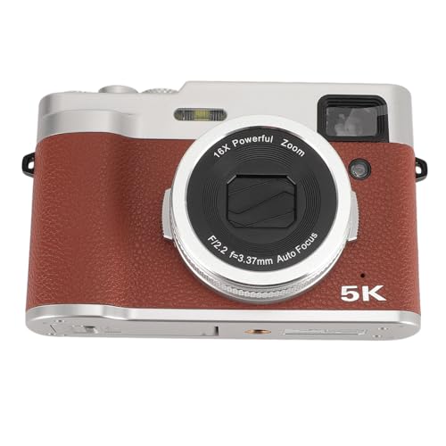 Kompakte Digitalkamera, 5K-HD-Kamera, 48-MP-Objektiv Vorne und Hinten, 16-Fach-Zoom, Vlogging-Videokamera, Anti-Shake-Autofokus-Retro-Reisekamera mit Sucher, 2 Batterien, (Brown)