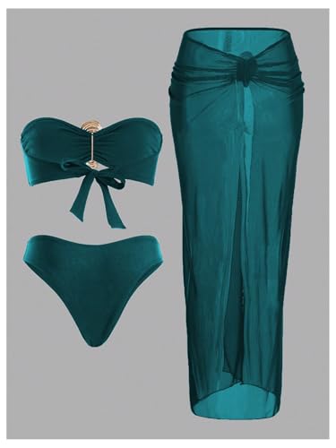GORGLITTER Women's Strapless Bandeau Swimsuits High Waisted Bikini Sets with Metal Coverup Skirts 3 Piece Bathing Suits2