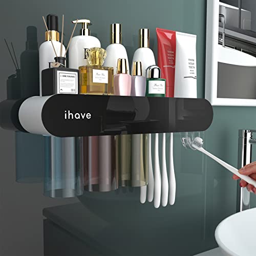iHave Toothbrush Holders, 3 Cups Toothbrush Holder Wall Mounted with Toothpaste Dispenser Bathroom Organizers and Storage, Modern Black Stylish Home or Apartment Bathroom Decor