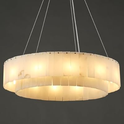 YIOSI Alabaster Round Chandelier, D31in Modern Marble Dining Room Chandelier, 2 Tiers Brass Drum Pendant Light Fixtures, Gold Ceiling Light Chandeliers for Living Room, Bedroom Lights, Foyer, Kitchen