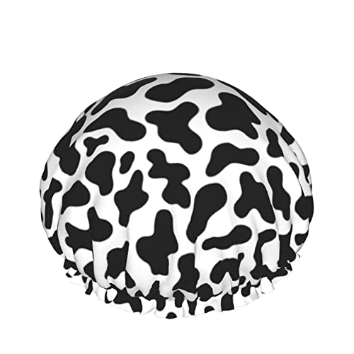Image of Black And White Cow Skin Abstract Animal Farm Shower Cap For Women Adjustable Double Waterproof Layers Bathing Bath Cap Hair Protection Reusable Ladies Spa Salon Shower Hat