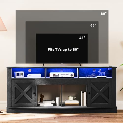 DWVO TV Stand for 75/80 Inch TV, Entertainment Center, LED Light Media Console, TV Cabinet with Barn Doors and Power Outlet for Living Room, Washed Grey by DWVO - Image 6