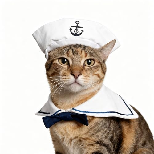 Enjoying Cat Sailor Costume, Halloween Small Dog Sailor Hat Outfit with Tie, Adjustable Pet Navy Costume for Cats Doggies Rabbits Cosplay