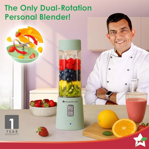 Image of Wonderchef Twister Portable Blender, 500ml, Dual-rotation Stainless-steel Blades, For Crushing Ice, Smoothies, Shakes, For Backpacks /Office Bags, Type-c Charge, 1-Yr Warranty, Mint Green