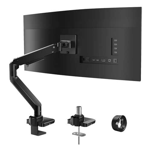 Image of WALI Single Monitor Gas Spring Desk Mount, Heavy Duty Monitor Arm for Ultrawide Screen up to 49 inch, 44 lbs with USB. Fully Adjustable, Mounting Holes 75 and 100 (GSMU001XL), Black