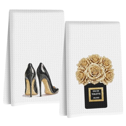 Image of 2 Pcs Gold and Black Towels for Bathroom Kitchen Decor 24x14 Inch
