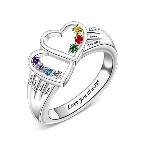 ORFANDE Personalized Mother Rings for Women with 2-8 Simulation Birthstones Custom Heart Birthstone Rings Customize Names Engraved Family Rings for Mothers Day, Brass, Cubic Zirconia
