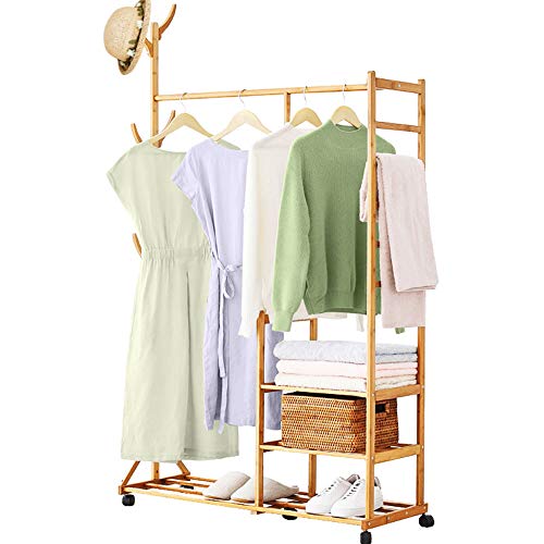 Homde Clothing Rack Bamboo Garment Rack Rolling Coat Rack Multifunctional Bedroom Hanging Rack Clothing Organizer Hat Tree 3 Layers Wardrobe Storage Shelves with Wheels 6 Hooks
