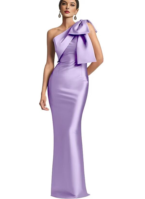 Image of One Shoulder Bridesmaid Dresses with Bow Long Mermaid Satin Back Slit Mother of The Bride Dresses PM004