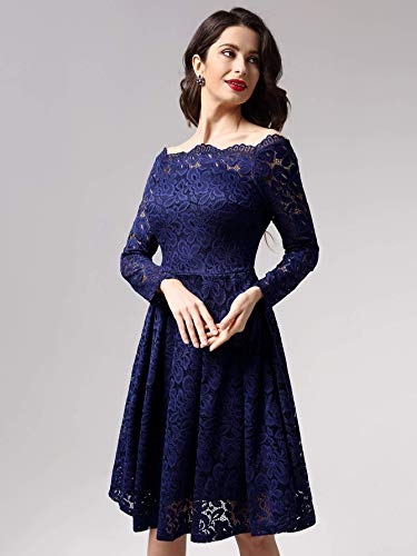 MISSMAY Women's Vintage Floral Lace Long Sleeve Boat Neck Cocktail Party Swing Dress