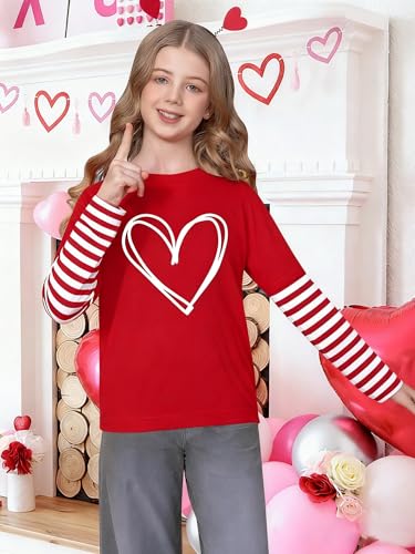Image of LAZYCHILD Kids Valentine Shirt Girls Valentines Day Shirts Heart Graphic Long Sleeve Striped Tee Tops 5-14 Years
