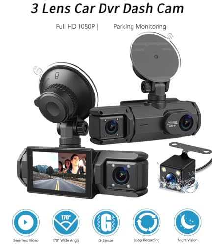 XRC TECH Câmera veicular DVR WIFI de 3 canais para carros, DVR de carro de 5 cm com câmera de visão
