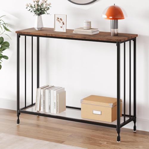 Konsolentisch Schmal mit Ablage, 85 x 30 x 81 cm Beistelltisch Vintage Flurtisch Kleiner Ausstellungstisch Metall Sofatisch Industrieller Langer Eingangstisch für Eingang, Flur, Dunkelbraun-Schwarz