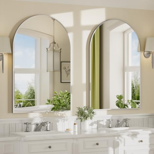 24"x36" Brushed Nickel Arched Vanity Bathroom Mirror, Set of 2