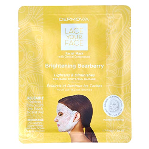 LACE YOUR FACE Patented Compression Facial Mask, AS SEEN ON SHARK TANK, Reusable Biodegradable Cotton Anti Aging Skin Care, Brightening Bearberry, Single