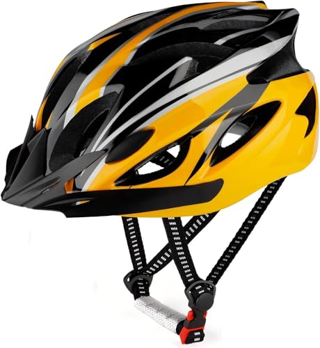 RaMokey Casco da bicicletta per adulti, uomo e donna, corpo EPS + guscio per PC, mountain bike, con visiera rimovibile e imbottitura, regolabile, 58-61 cm (giallo)