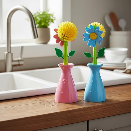 JANKOW Long Handle Vegetable and Fruit Brush, Florganic Dish Brush with Vase, Long Handle Dish Brush Kitchen, for Cleaning Pot Pan Sink Kitchen Supplies Decorative Vase (2 Pcs Blue, Pink) by JANKOW - Used condition - Image 7