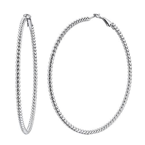 Richsteel Large Silver Hoop Earrings for Sensitive Ears Stainless Steel Heavy Clip On Earring Women 80mm