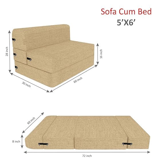 Image of Coirfit 3 Seater Folding Sofa Cum Bed - Jute Fabric Washable Cover with Free Cushions, Beige - 5' x 6 Feet