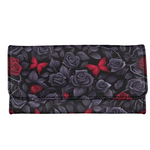 Gothic Black Roses Womens Wallets Cash Clutch Bag Faux Leather, Red Butterfly Rose Flowers Long Billfold with Zipper Coin Pocket, Credit Card Wallet2