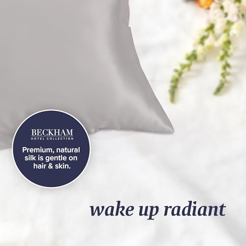 Image of Beckham Hotel Collection Silk Pillow Case with Zipper, 100% Mulberry Silk Pillowcase for Hair & Skin, 22 Momme 6A Grade, Oeko-TEX Certified, 1PC, King, Silver Cloud