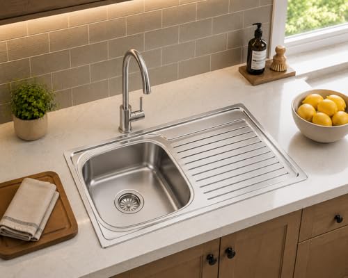 Image of Stainless Steel Kitchen Sink 45x20 Inch with Drain Board | Large Single Bowl Drainer Sink | With Waste Coupling & PVC Pipe | Heavy Duty Kitchen Sink