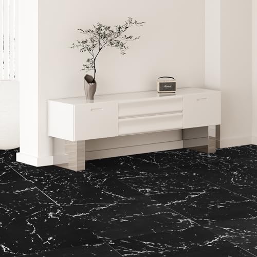 VEVOR Selbstklebende Vinyl-Bodenfliesen, 30,5 x 30,5 cm, 50 Stk., 1,5 mm dick, zum Abziehen und Aufkleben, schwarze Marmorstruktur, DIY-Bodenbelag für Küche, Esszimmer, Schlafzimmer und Badezimmer