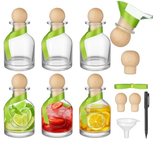 Baderke 6 Pcs 150ml/5oz Patron Shot Bottle Empty for Drinks Mini Tequila Reusable Filling Bottle with Sealing Stopper Pour Spouts Green Ribbon Labels for Wine Wedding Christmas Party Decoration