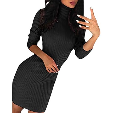 YEBIRAL Damen Strickkleid Rollkragen Pullover Kleid Elegant Feinstrick Minikleid in Rippen Optik Warme Figurbetonte Winterkleid Cover