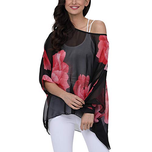 Image of Ckikiou Plus Size Batwing Flowy Semi Sheer Chiffon Blouse Tunic for Women Summer Floral Print Boho Beach Cover ups