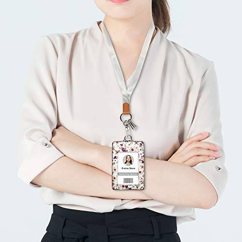 Lanyard Id Badge Holder Case Pu Leather Credit Card Wallet With 1 Id Window & 2 Card Slots & 2 Key Chains And Detachable Neck Strap For Id Driver Licence & Women Teen Kids Girls Office (White Floral) #TOP5