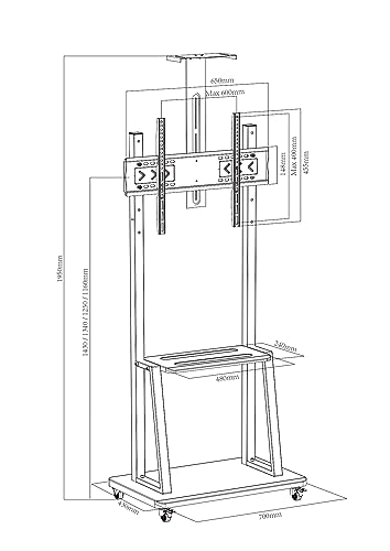 Image of BIG VUE Rolling /Mobile TV Cart with Wheels for 32-65 Inch LCD LED 4K Flat Screen TVs, TV Floor Stand with Shelf Holds Up to 100 lbs | Adjustable Height Trolley Max VESA 600 x 400 mm