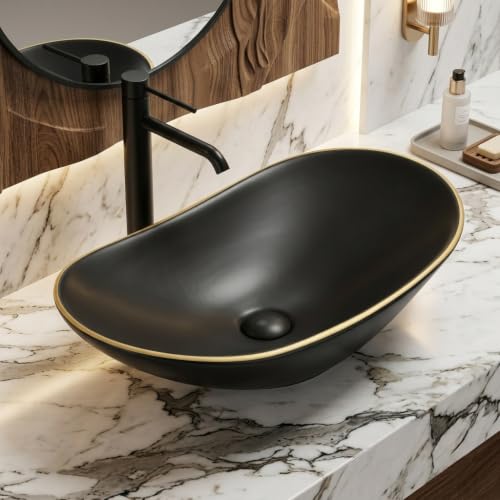 Image of Imported Luxurious Black Golden Edge Matt Finish Table Top Wash Basin /Ceramic Bathroom Wash Basin /Countertop Wash Basin