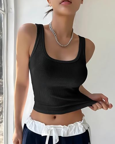 Image of 95% Cotton, 5% Lycra Women's and Girls Solid Ribbed Square Neck Tank Top | Tanktop for Women | Sleeveless Top | Crop Tanktop | Ribbed Tank Top