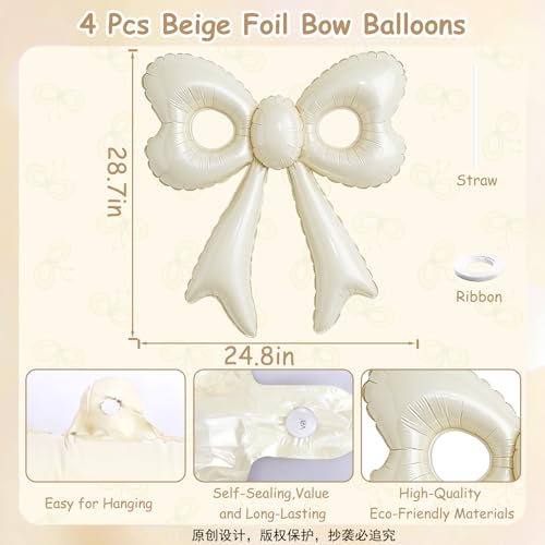 4 Pcs Cream Bow Balloons, 31”Huge Beige Bow Aluminum Foil Balloons for Birthday, Baby Shower, Wedding, Bridal, Engagement, Bachelorette, Gender Reveal, Princess Party Decorations Supplies — view 6