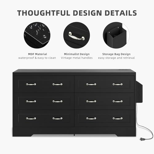 DWVO 6 Drawers Dresser, 59" W Large Chest of Drawers, Retro Wood Rattan Dresser with Large Rattan Drawers, Storage Organizer Unit with Dual Tip-Resistant Kits for Living Room, Black