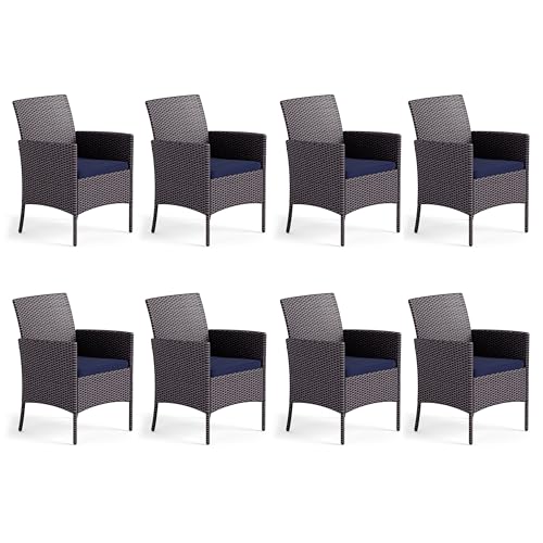 Image of MFSTUDIO Patio Wicker Chair Sets of 8, Outdoor Patio Rattan Sofa Dining Chairs Set of 8 with Navy Removable Cushions, Armrests and Metal Frame, 330lbs, Backyard, Porch