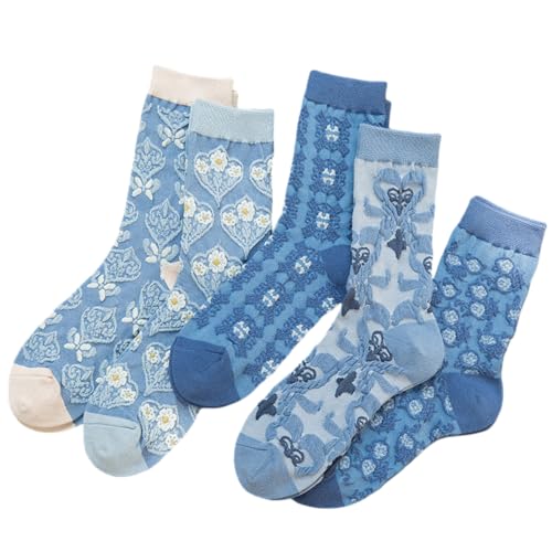 MarJunSep Cute Floral Crew Socks for Women Teen Girls Flower Cottagecore Frilly Vintage Fancy Cotton Socks Blue Socks